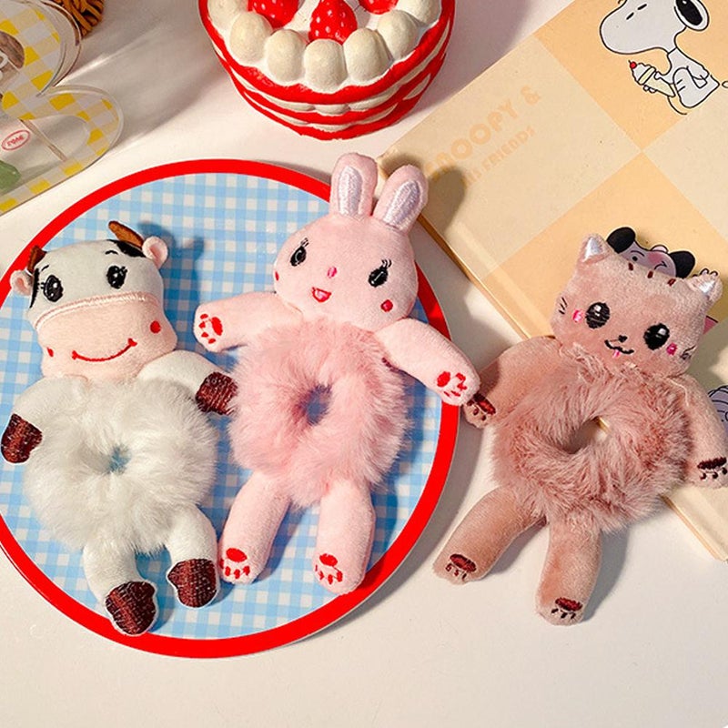 1pcs Cute Animal Scrunchies, 3D Animal Scrunchies Hair Ties, Cute Furry Frog Rabbit Panda Cat Cow Plush Hair Rope, Elastic Hair Bands Bun Maker Ponytail Holster Hair Styling Tools - Image 5